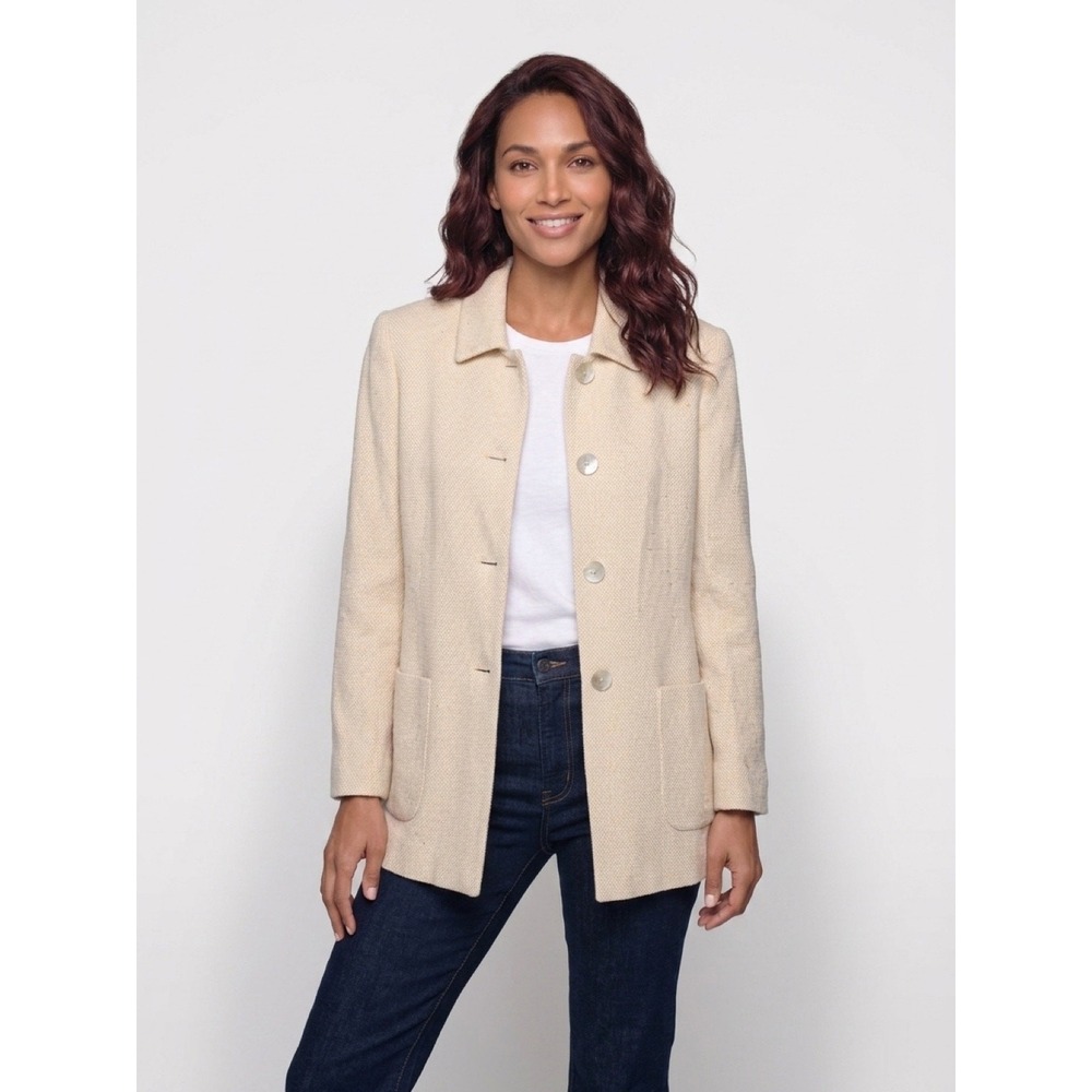 David N Womens 4M Silk Blazer Jacket Ivory Cream Textured Quiet Luxury Coastal